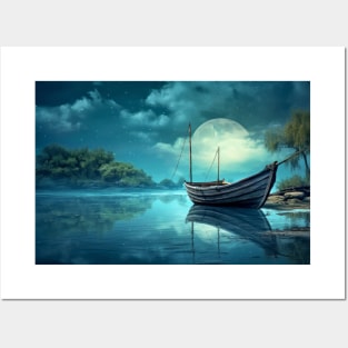 Tranquil Water Boat Serene Landscape Posters and Art